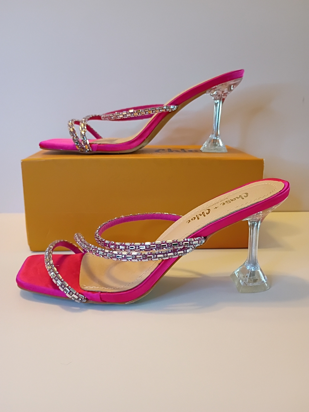 Chase + Chloe Hot Pink Crystal-Strap Clear Heel Mules